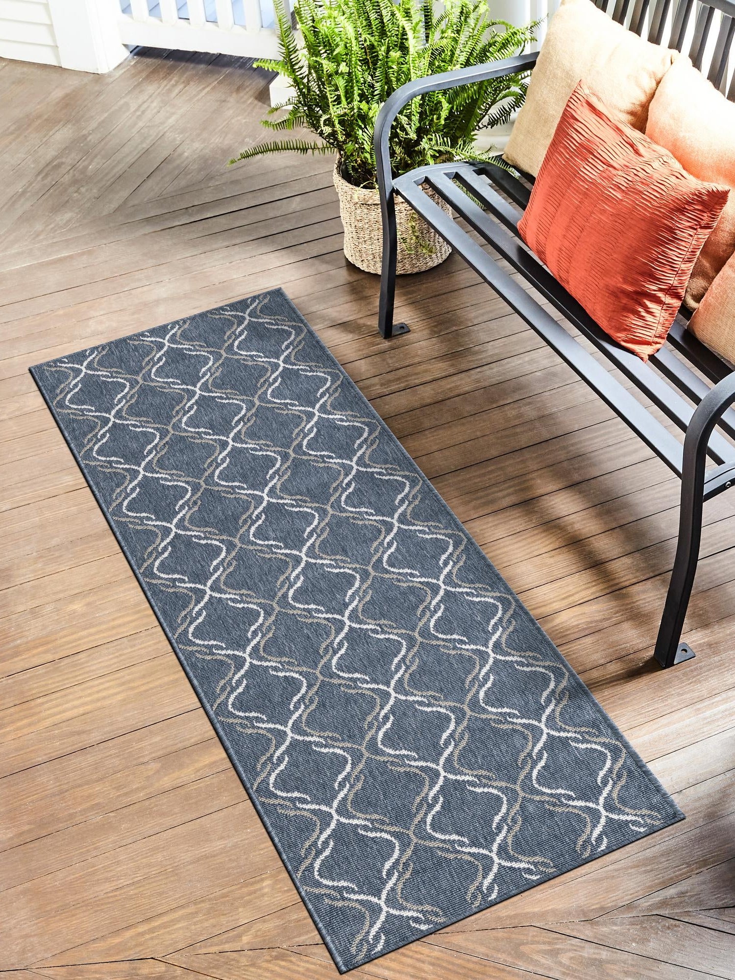 Navy Blue 2' x 6' Outdoor Trellis Runner Area Rug Weather Resistant for Patio, Deck, Terrace, Balcony, Porch Geometric Design Water Safe Outside Carpet for Sale at Rug Engine