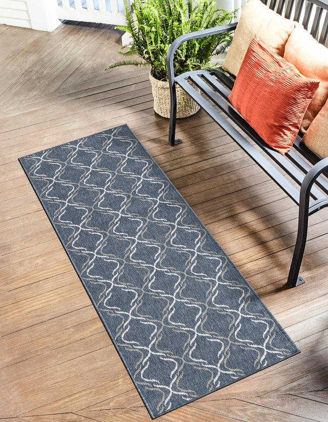 Navy Blue 2' x 6' Outdoor Trellis Runner Area Rug Weather Resistant for Patio, Deck, Terrace, Balcony, Porch Geometric Design Water Safe Outside Carpet for Sale at Rug Engine