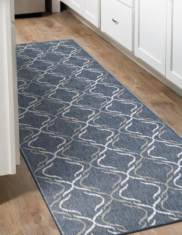 Navy Blue 2' x 6' Outdoor Trellis Runner Area Rug Weather Resistant for Patio, Deck, Terrace, Balcony, Porch Geometric Design Water Safe Outside Carpet for Sale at Rug Engine