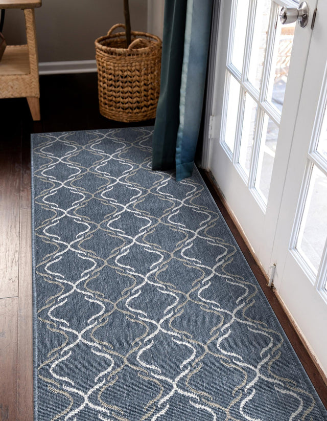 Navy Blue 2' x 6' Outdoor Trellis Runner Area Rug Weather Resistant for Patio, Deck, Terrace, Balcony, Porch Geometric Design Water Safe Outside Carpet for Sale at Rug Engine