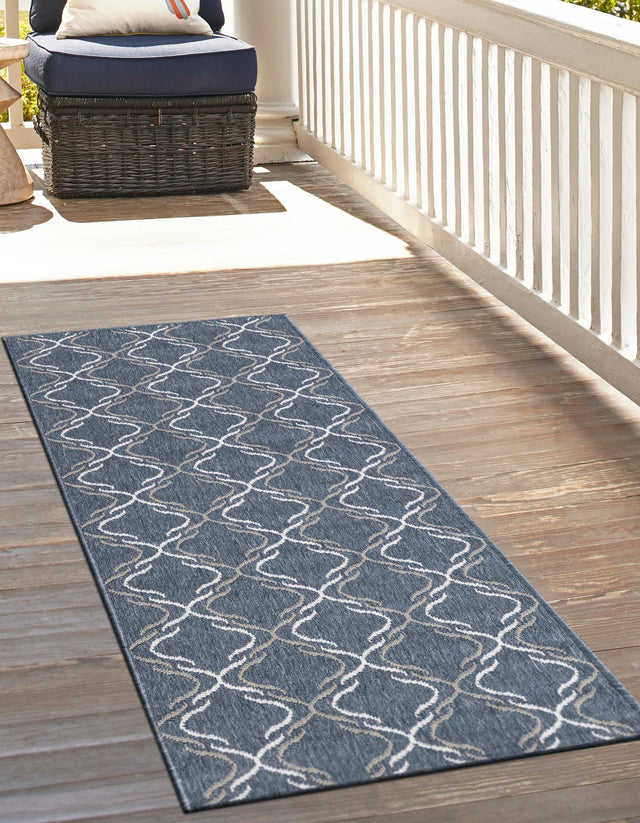 Navy Blue 2' x 6' Outdoor Trellis Runner Area Rug Weather Resistant for Patio, Deck, Terrace, Balcony, Porch Geometric Design Water Safe Outside Carpet for Sale at Rug Engine