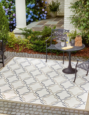 Ivory 7' 10 x 7' 10 Outdoor Trellis Square Area Rug Weather Resistant for Patio, Deck, Terrace, Balcony, Porch Geometric Design Water Safe Outside Carpet for Sale at Rug Engine