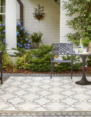 Ivory 7' 10 x 7' 10 Outdoor Trellis Square Area Rug Weather Resistant for Patio, Deck, Terrace, Balcony, Porch Geometric Design Water Safe Outside Carpet for Sale at Rug Engine