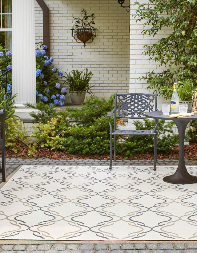 Ivory 7' 10 x 7' 10 Outdoor Trellis Square Area Rug Weather Resistant for Patio, Deck, Terrace, Balcony, Porch Geometric Design Water Safe Outside Carpet for Sale at Rug Engine