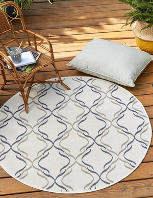 Ivory 4' x 4' Outdoor Trellis Round Area Rug Weather Resistant for Patio, Deck, Terrace, Balcony, Porch Geometric Design Water Safe Outside Carpet for Sale at Rug Engine
