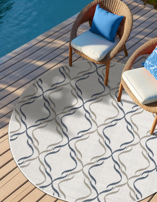 Ivory 7' x 7' Outdoor Trellis Round Area Rug Weather Resistant for Patio, Deck, Terrace, Balcony, Porch Geometric Design Water Safe Outside Carpet for Sale at Rug Engine