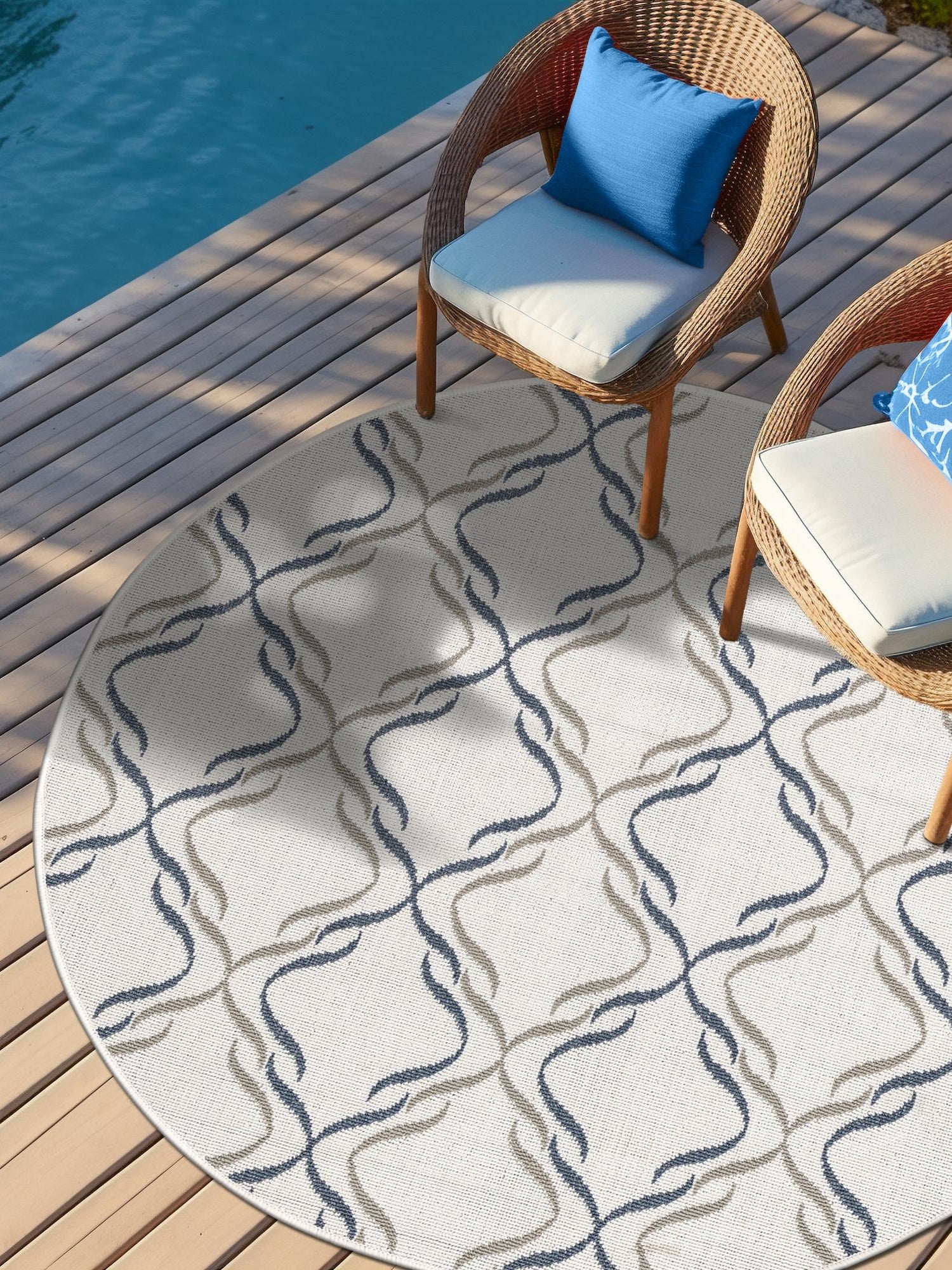 Ivory 4' x 4' Outdoor Trellis Round Area Rug Weather Resistant for Patio, Deck, Terrace, Balcony, Porch Geometric Design Water Safe Outside Carpet for Sale at Rug Engine