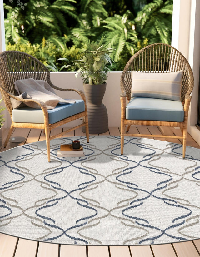 Ivory 7' x 7' Outdoor Trellis Round Area Rug Weather Resistant for Patio, Deck, Terrace, Balcony, Porch Geometric Design Water Safe Outside Carpet for Sale at Rug Engine