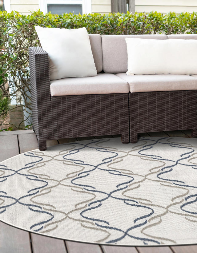 Ivory 4' x 4' Outdoor Trellis Round Area Rug Weather Resistant for Patio, Deck, Terrace, Balcony, Porch Geometric Design Water Safe Outside Carpet for Sale at Rug Engine