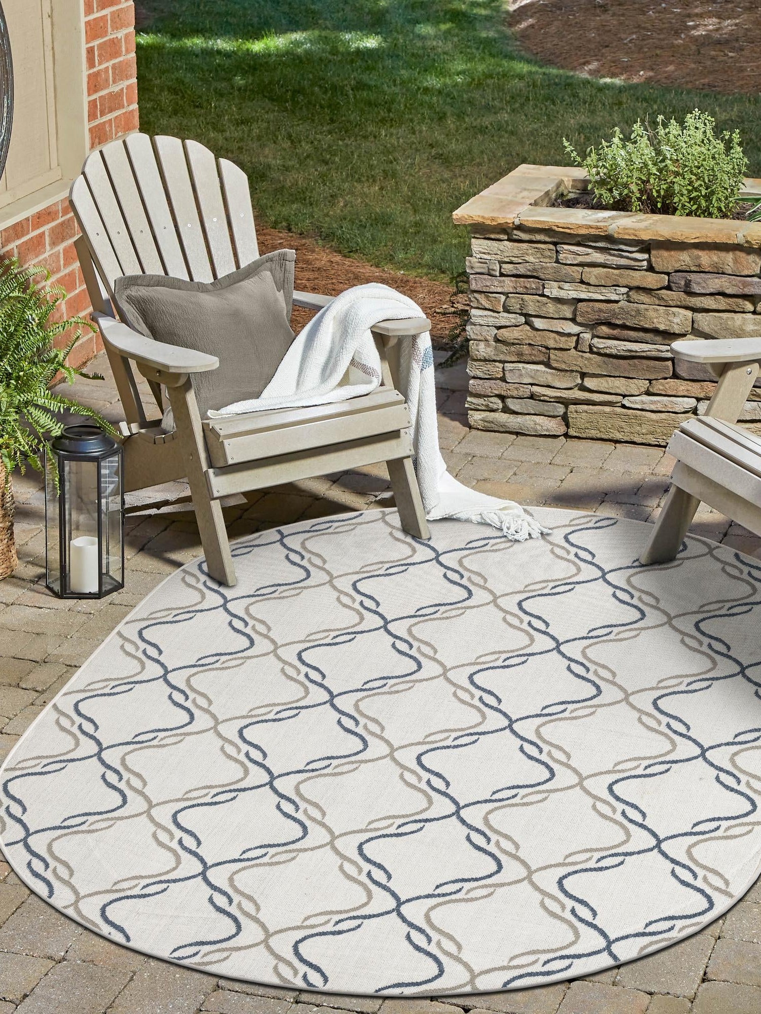 Ivory 5' 3 x 8' Outdoor Trellis Oval Area Rug Weather Resistant for Patio, Deck, Terrace, Balcony, Porch Geometric Design Water Safe Outside Carpet for Sale at Rug Engine