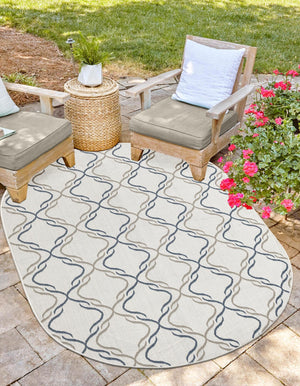Ivory 7' 10 x 10' Outdoor Trellis Oval Area Rug Weather Resistant for Patio, Deck, Terrace, Balcony, Porch Geometric Design Water Safe Outside Carpet for Sale at Rug Engine