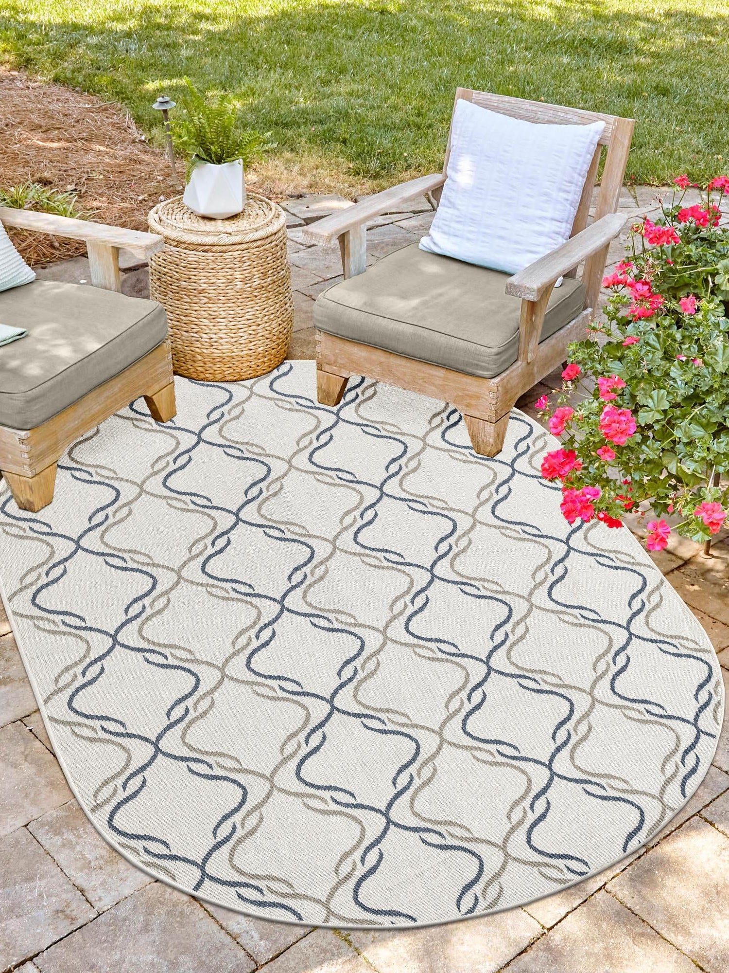 Ivory 5' 3 x 8' Outdoor Trellis Oval Area Rug Weather Resistant for Patio, Deck, Terrace, Balcony, Porch Geometric Design Water Safe Outside Carpet for Sale at Rug Engine