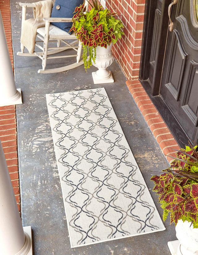 Ivory 2' x 6' Outdoor Trellis Runner Area Rug Weather Resistant for Patio, Deck, Terrace, Balcony, Porch Geometric Design Water Safe Outside Carpet for Sale at Rug Engine