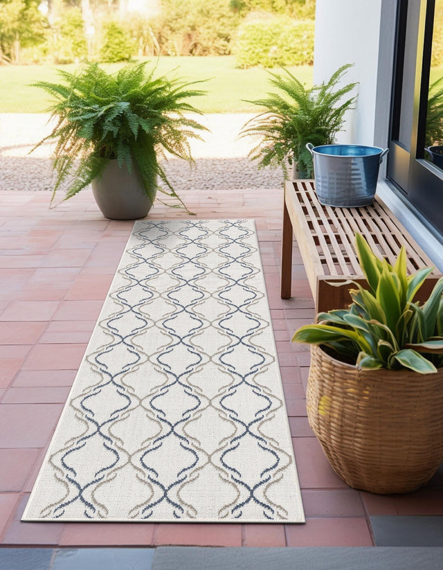 Ivory 2' x 8' Outdoor Trellis Runner Area Rug Weather Resistant for Patio, Deck, Terrace, Balcony, Porch Geometric Design Water Safe Outside Carpet for Sale at Rug Engine