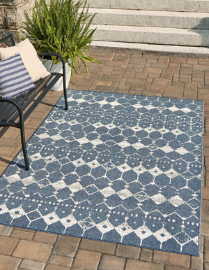 Navy Blue 1' 3 x 1' 3 Outdoor Trellis Sample Area Rug Weather Resistant for Patio, Deck, Terrace, Balcony, Porch Geometric Design Water Safe Outside Carpet for Sale at Rug Engine