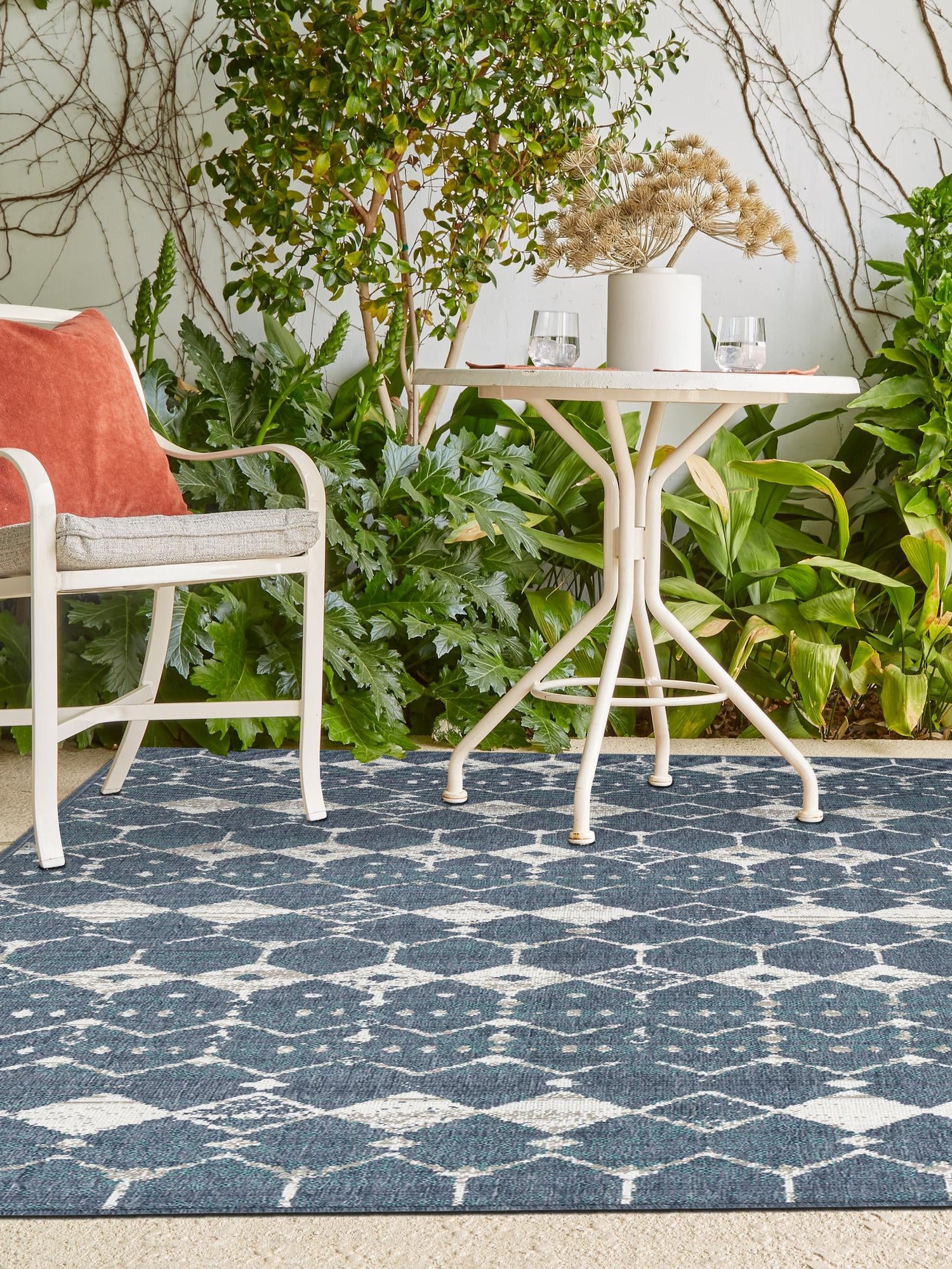 Navy Blue 6' x 9' Outdoor Trellis Rectangle Area Rug Weather Resistant for Patio, Deck, Terrace, Balcony, Porch Geometric Design Water Safe Outside Carpet for Sale at Rug Engine
