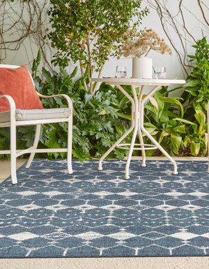 Navy Blue 9' x 12' Outdoor Trellis Rectangle Area Rug Weather Resistant for Patio, Deck, Terrace, Balcony, Porch Geometric Design Water Safe Outside Carpet for Sale at Rug Engine