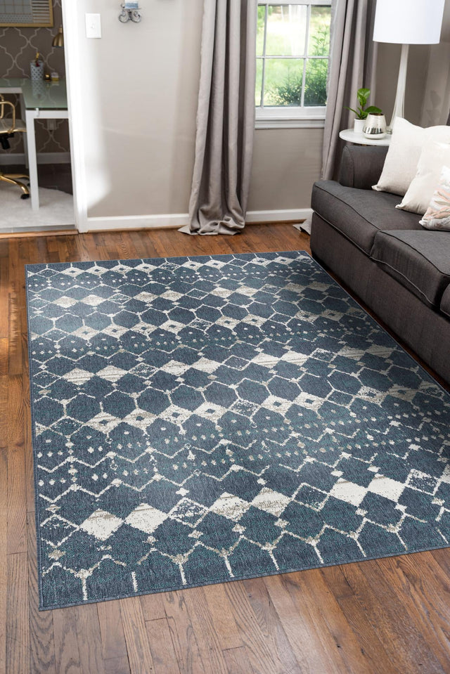 Navy Blue 9' x 12' Outdoor Trellis Rectangle Area Rug Weather Resistant for Patio, Deck, Terrace, Balcony, Porch Geometric Design Water Safe Outside Carpet for Sale at Rug Engine