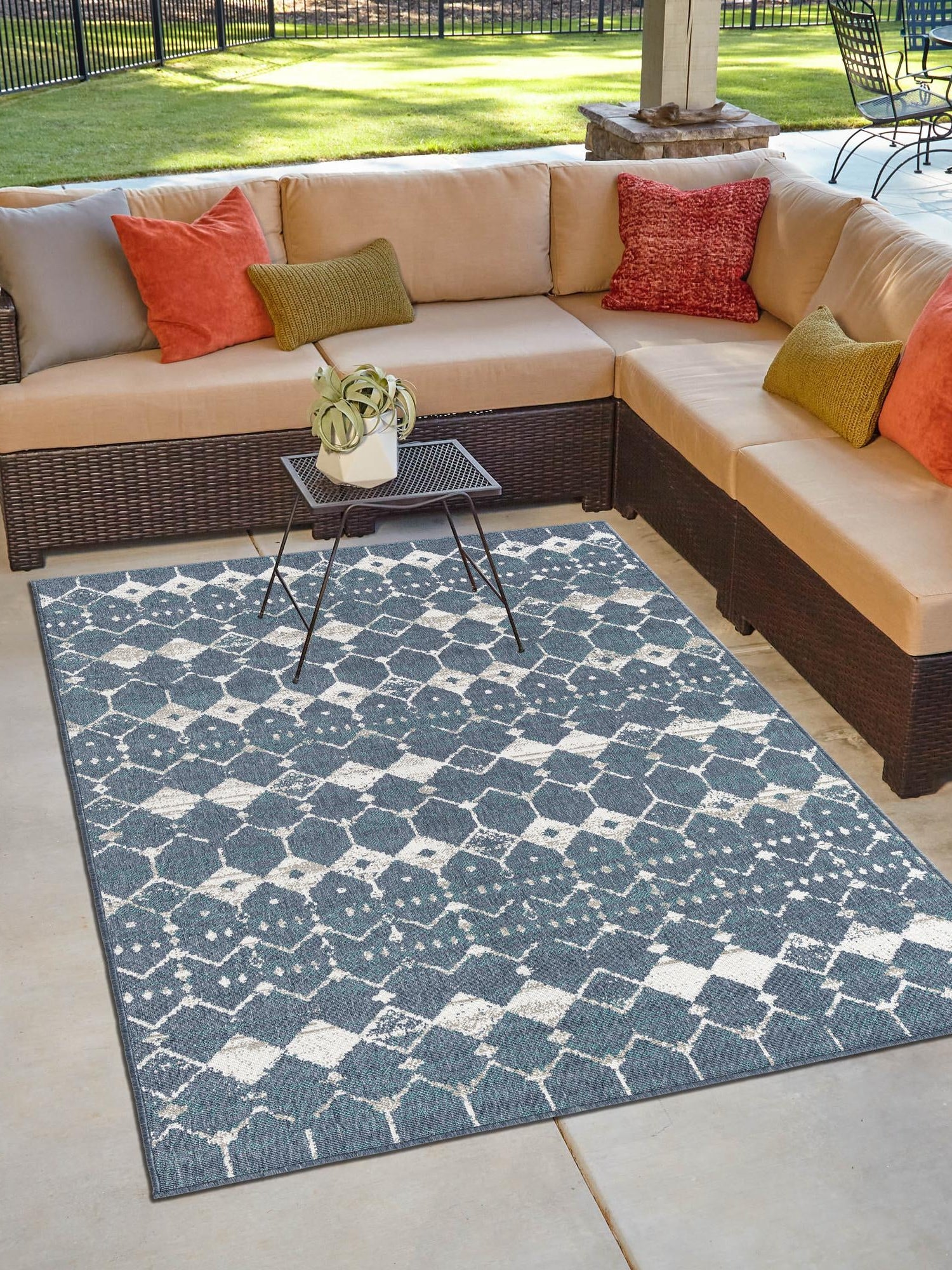 Navy Blue 9' x 12' Outdoor Trellis Rectangle Area Rug Weather Resistant for Patio, Deck, Terrace, Balcony, Porch Geometric Design Water Safe Outside Carpet for Sale at Rug Engine