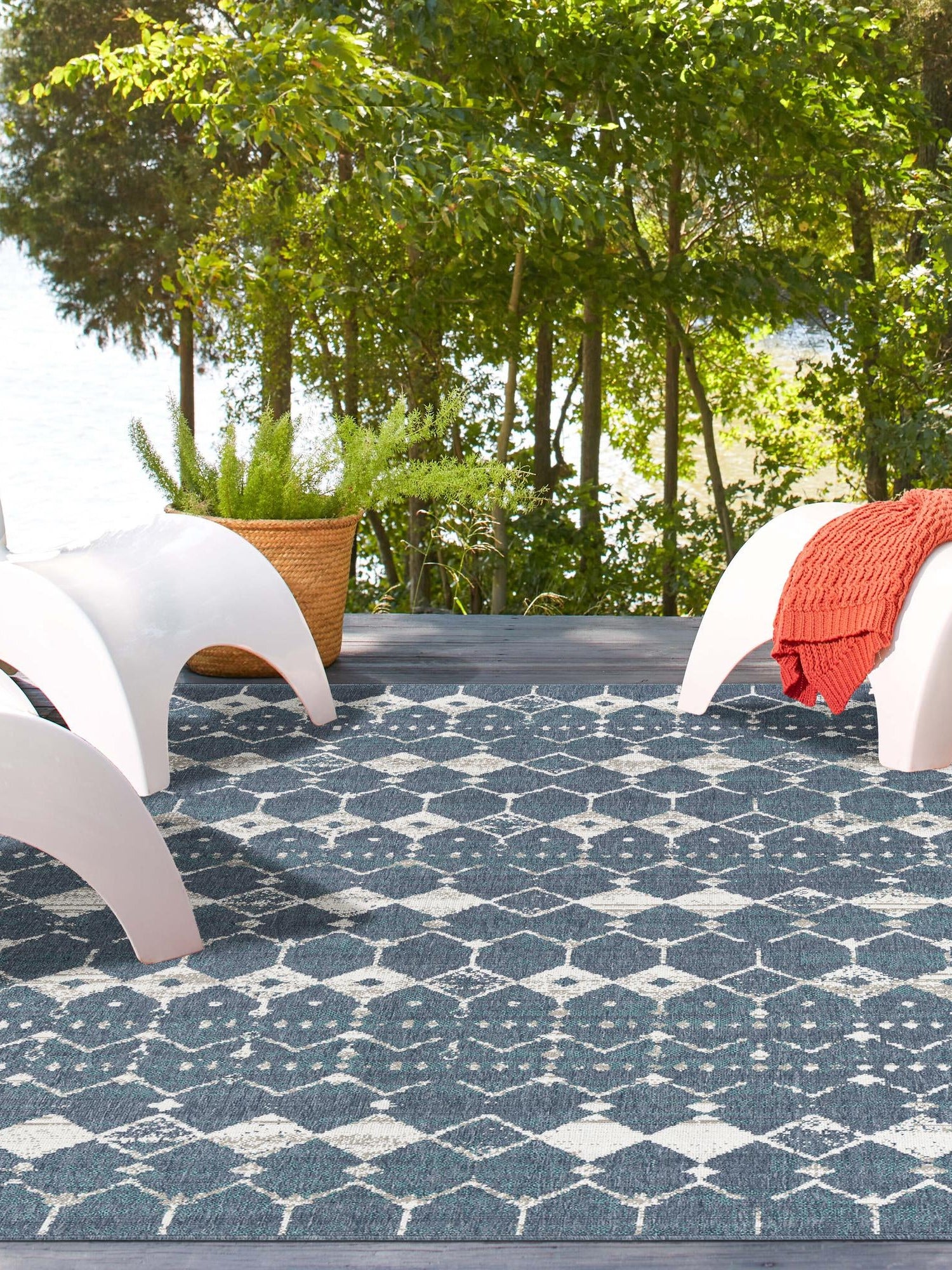 Navy Blue 4' x 6' Outdoor Trellis Rectangle Area Rug Weather Resistant for Patio, Deck, Terrace, Balcony, Porch Geometric Design Water Safe Outside Carpet for Sale at Rug Engine