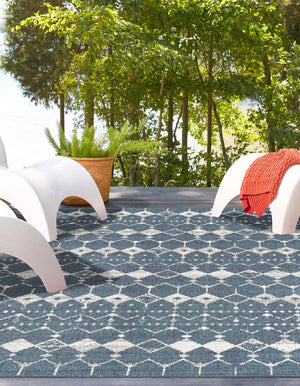 Navy Blue 9' x 12' Outdoor Trellis Rectangle Area Rug Weather Resistant for Patio, Deck, Terrace, Balcony, Porch Geometric Design Water Safe Outside Carpet for Sale at Rug Engine