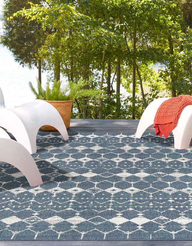 Navy Blue 6' x 9' Outdoor Trellis Rectangle Area Rug Weather Resistant for Patio, Deck, Terrace, Balcony, Porch Geometric Design Water Safe Outside Carpet for Sale at Rug Engine