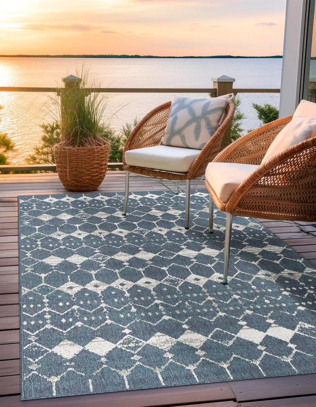 Navy Blue 4' x 6' Outdoor Trellis Rectangle Area Rug Weather Resistant for Patio, Deck, Terrace, Balcony, Porch Geometric Design Water Safe Outside Carpet for Sale at Rug Engine