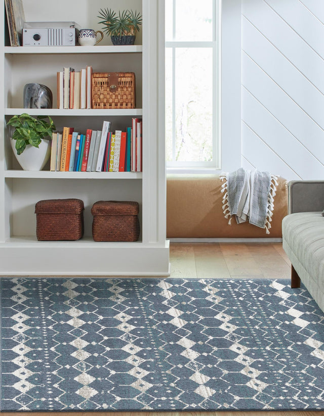 Navy Blue 4' x 6' Outdoor Trellis Rectangle Area Rug Weather Resistant for Patio, Deck, Terrace, Balcony, Porch Geometric Design Water Safe Outside Carpet for Sale at Rug Engine