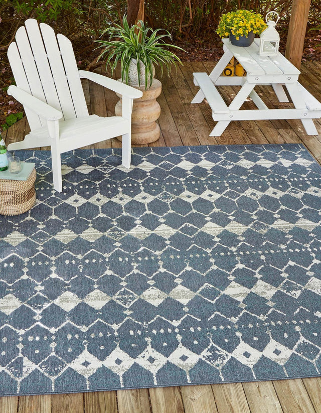 Navy Blue 7' 10 x 7' 10 Outdoor Trellis Square Area Rug Weather Resistant for Patio, Deck, Terrace, Balcony, Porch Geometric Design Water Safe Outside Carpet for Sale at Rug Engine