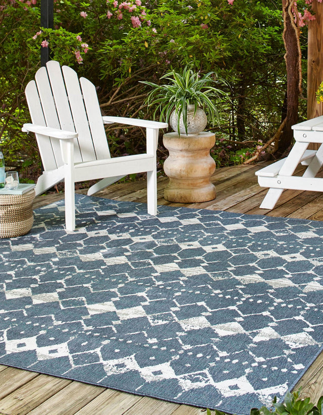 Navy Blue 7' 10 x 7' 10 Outdoor Trellis Square Area Rug Weather Resistant for Patio, Deck, Terrace, Balcony, Porch Geometric Design Water Safe Outside Carpet for Sale at Rug Engine