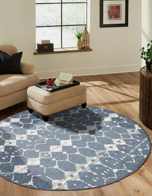Navy Blue 4' x 4' Outdoor Trellis Round Area Rug Weather Resistant for Patio, Deck, Terrace, Balcony, Porch Geometric Design Water Safe Outside Carpet for Sale at Rug Engine
