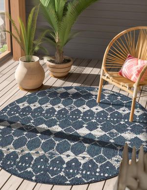 Navy Blue 4' x 4' Outdoor Trellis Round Area Rug Weather Resistant for Patio, Deck, Terrace, Balcony, Porch Geometric Design Water Safe Outside Carpet for Sale at Rug Engine