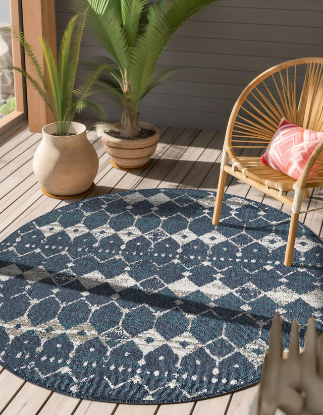 Navy Blue 4' x 4' Outdoor Trellis Round Area Rug Weather Resistant for Patio, Deck, Terrace, Balcony, Porch Geometric Design Water Safe Outside Carpet for Sale at Rug Engine