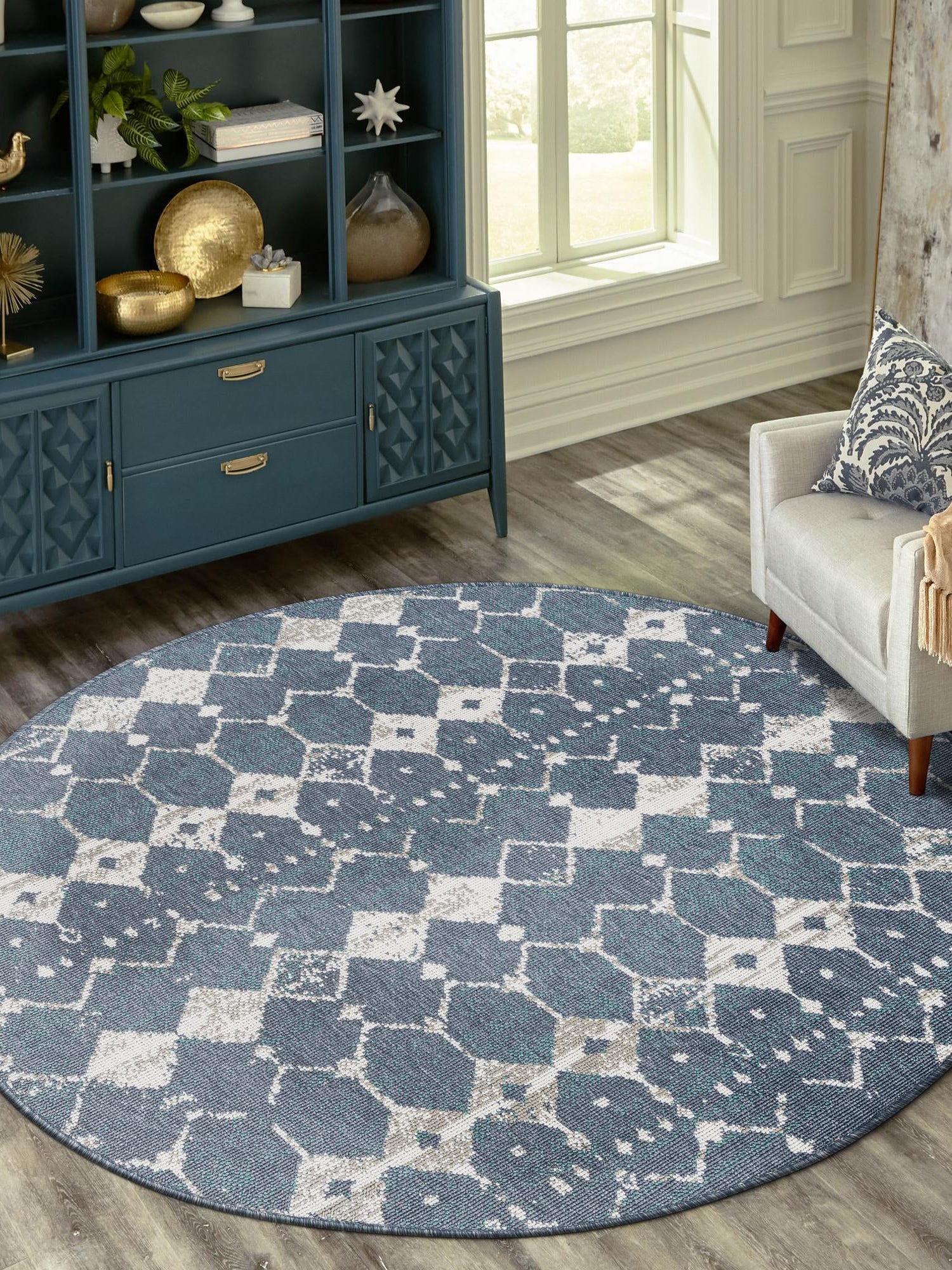 Navy Blue 4' x 4' Outdoor Trellis Round Area Rug Weather Resistant for Patio, Deck, Terrace, Balcony, Porch Geometric Design Water Safe Outside Carpet for Sale at Rug Engine