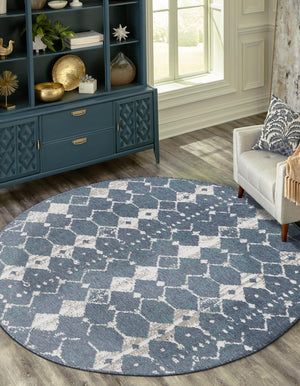 Navy Blue 4' x 4' Outdoor Trellis Round Area Rug Weather Resistant for Patio, Deck, Terrace, Balcony, Porch Geometric Design Water Safe Outside Carpet for Sale at Rug Engine
