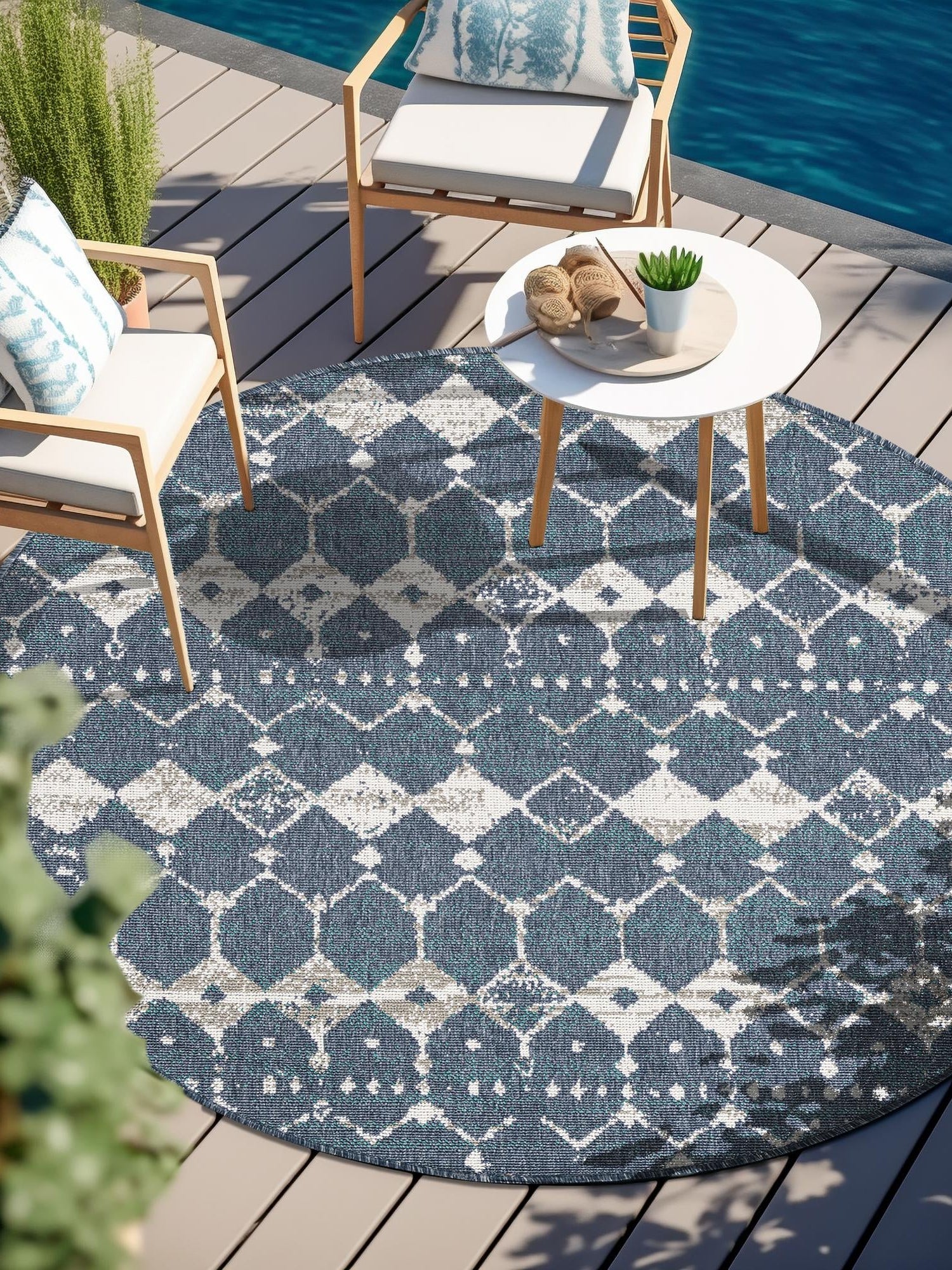 Navy Blue 4' x 4' Outdoor Trellis Round Area Rug Weather Resistant for Patio, Deck, Terrace, Balcony, Porch Geometric Design Water Safe Outside Carpet for Sale at Rug Engine
