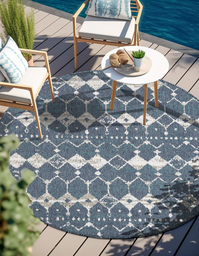 Navy Blue 4' x 4' Outdoor Trellis Round Area Rug Weather Resistant for Patio, Deck, Terrace, Balcony, Porch Geometric Design Water Safe Outside Carpet for Sale at Rug Engine