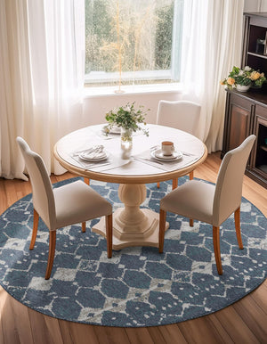 Navy Blue 4' x 4' Outdoor Trellis Round Area Rug Weather Resistant for Patio, Deck, Terrace, Balcony, Porch Geometric Design Water Safe Outside Carpet for Sale at Rug Engine