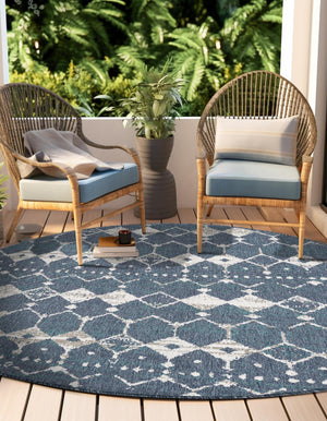 Navy Blue 4' x 4' Outdoor Trellis Round Area Rug Weather Resistant for Patio, Deck, Terrace, Balcony, Porch Geometric Design Water Safe Outside Carpet for Sale at Rug Engine