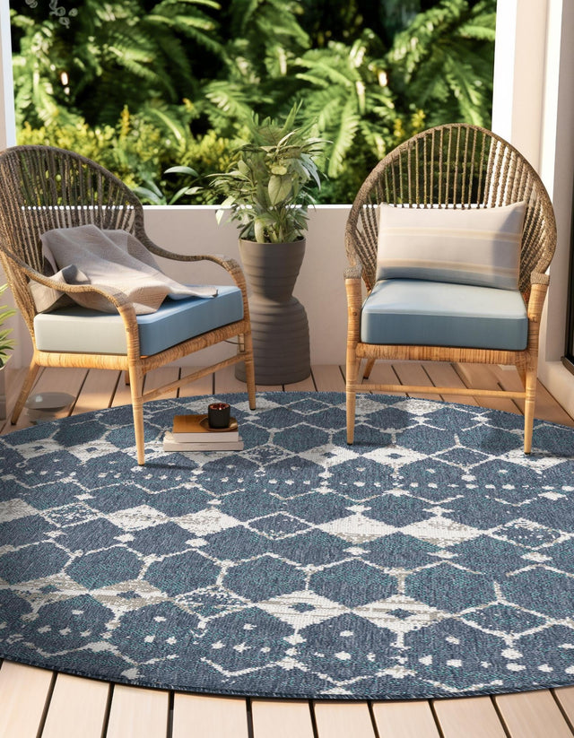 Navy Blue 4' x 4' Outdoor Trellis Round Area Rug Weather Resistant for Patio, Deck, Terrace, Balcony, Porch Geometric Design Water Safe Outside Carpet for Sale at Rug Engine