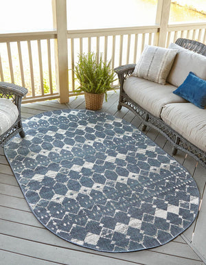 Navy Blue 5' 3 x 8' Outdoor Trellis Oval Area Rug Weather Resistant for Patio, Deck, Terrace, Balcony, Porch Geometric Design Water Safe Outside Carpet for Sale at Rug Engine
