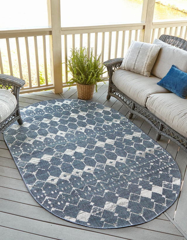 Navy Blue 5' 3 x 8' Outdoor Trellis Oval Area Rug Weather Resistant for Patio, Deck, Terrace, Balcony, Porch Geometric Design Water Safe Outside Carpet for Sale at Rug Engine
