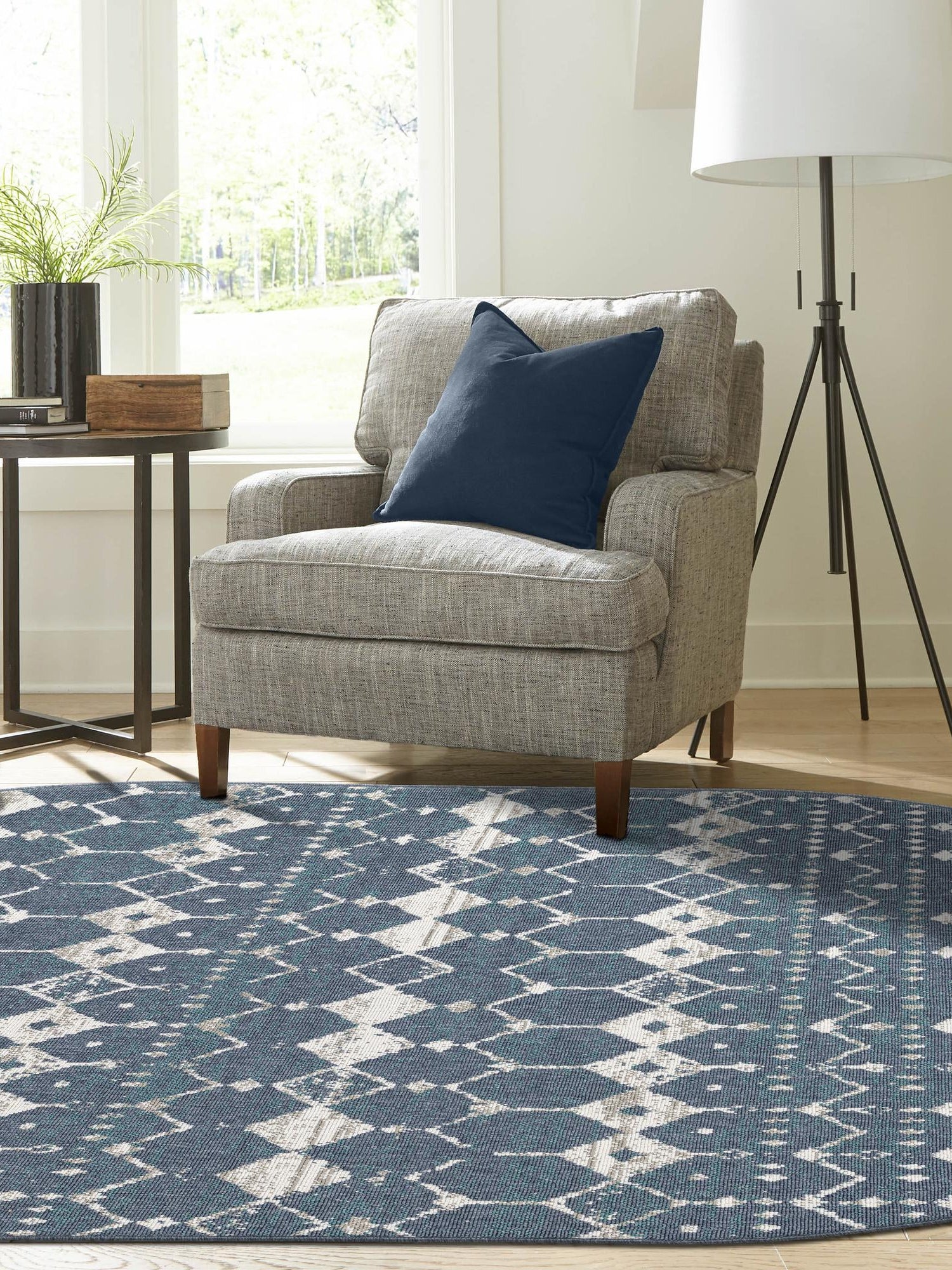 Navy Blue 7' 10 x 10' Outdoor Trellis Oval Area Rug Weather Resistant for Patio, Deck, Terrace, Balcony, Porch Geometric Design Water Safe Outside Carpet for Sale at Rug Engine