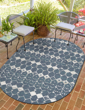 Navy Blue 5' 3 x 8' Outdoor Trellis Oval Area Rug Weather Resistant for Patio, Deck, Terrace, Balcony, Porch Geometric Design Water Safe Outside Carpet for Sale at Rug Engine
