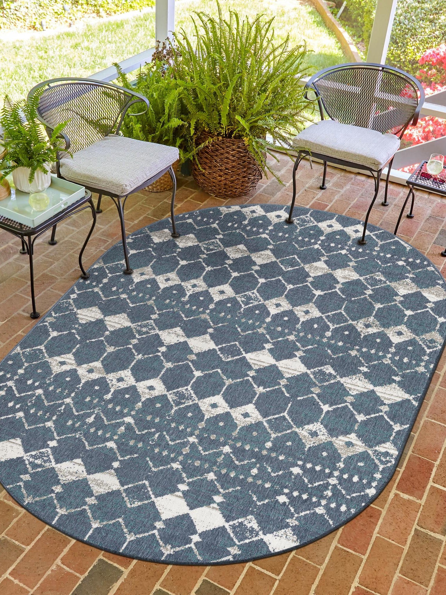 Navy Blue 7' 10 x 10' Outdoor Trellis Oval Area Rug Weather Resistant for Patio, Deck, Terrace, Balcony, Porch Geometric Design Water Safe Outside Carpet for Sale at Rug Engine