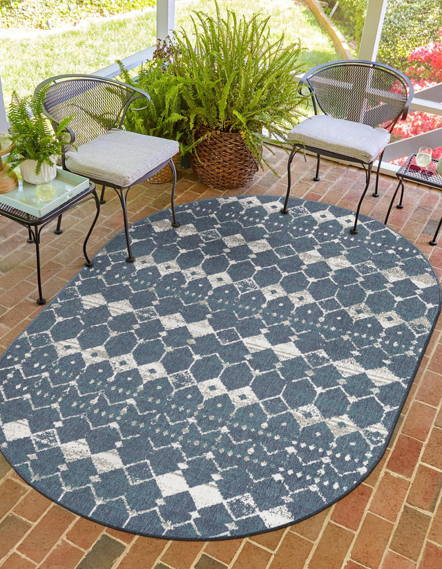 Navy Blue 7' 10 x 10' Outdoor Trellis Oval Area Rug Weather Resistant for Patio, Deck, Terrace, Balcony, Porch Geometric Design Water Safe Outside Carpet for Sale at Rug Engine