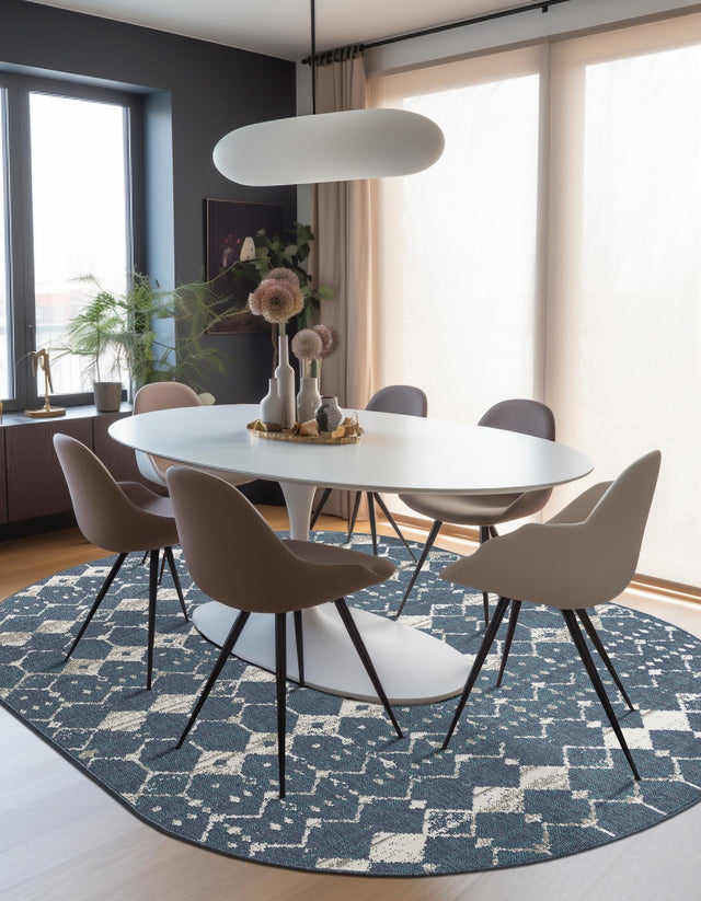Navy Blue 5' 3 x 8' Outdoor Trellis Oval Area Rug Weather Resistant for Patio, Deck, Terrace, Balcony, Porch Geometric Design Water Safe Outside Carpet for Sale at Rug Engine