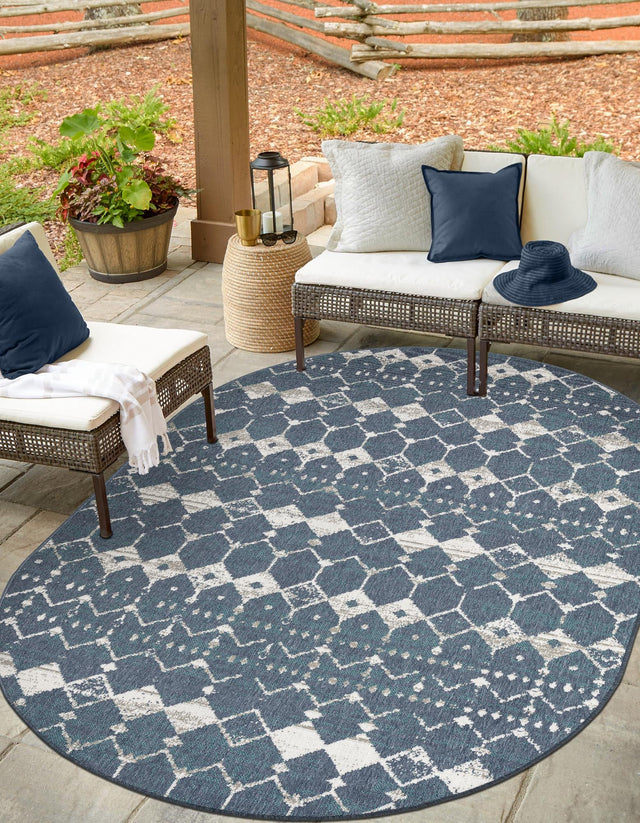 Navy Blue 7' 10 x 10' Outdoor Trellis Oval Area Rug Weather Resistant for Patio, Deck, Terrace, Balcony, Porch Geometric Design Water Safe Outside Carpet for Sale at Rug Engine