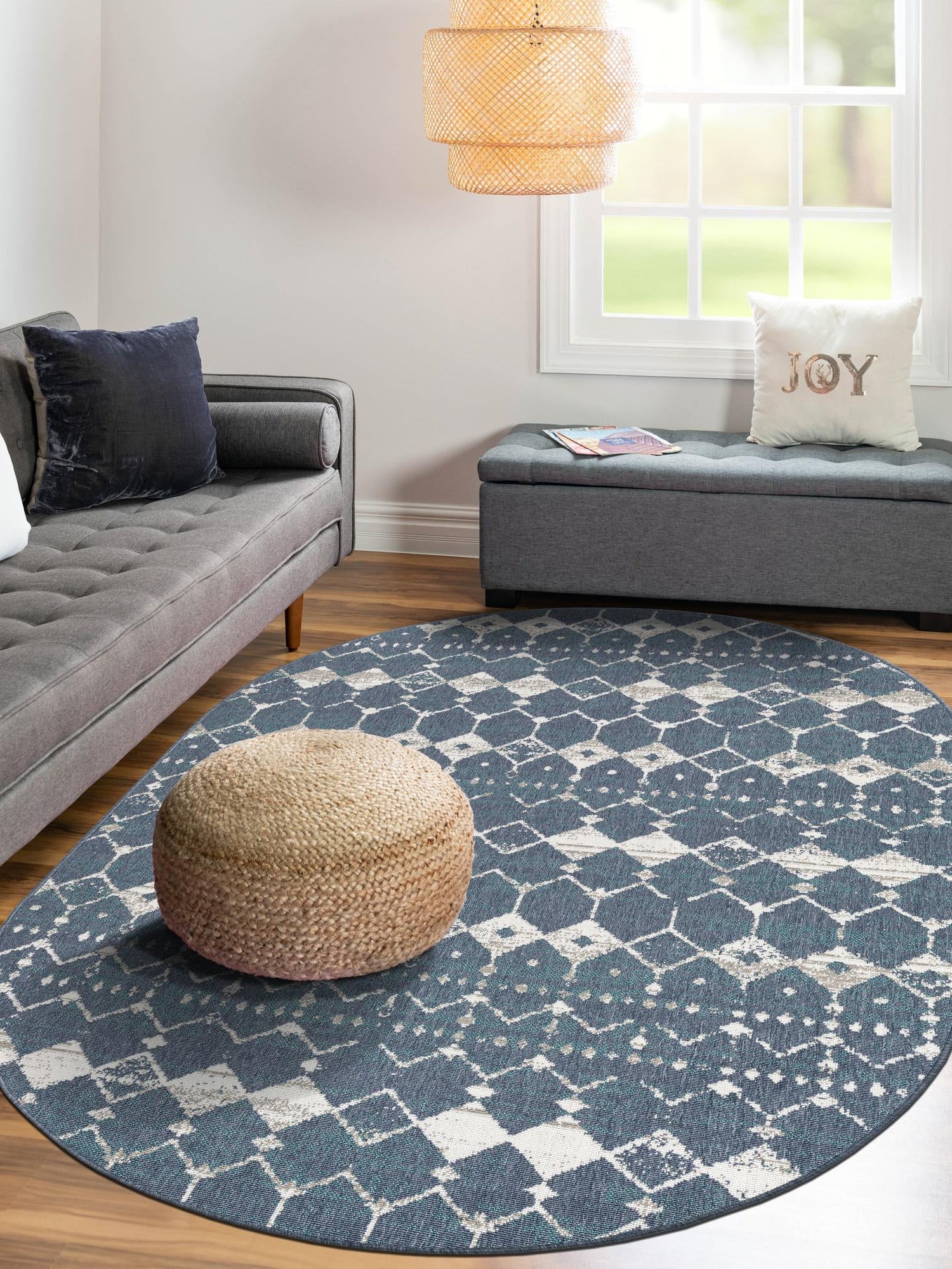 Navy Blue 7' 10 x 10' Outdoor Trellis Oval Area Rug Weather Resistant for Patio, Deck, Terrace, Balcony, Porch Geometric Design Water Safe Outside Carpet for Sale at Rug Engine