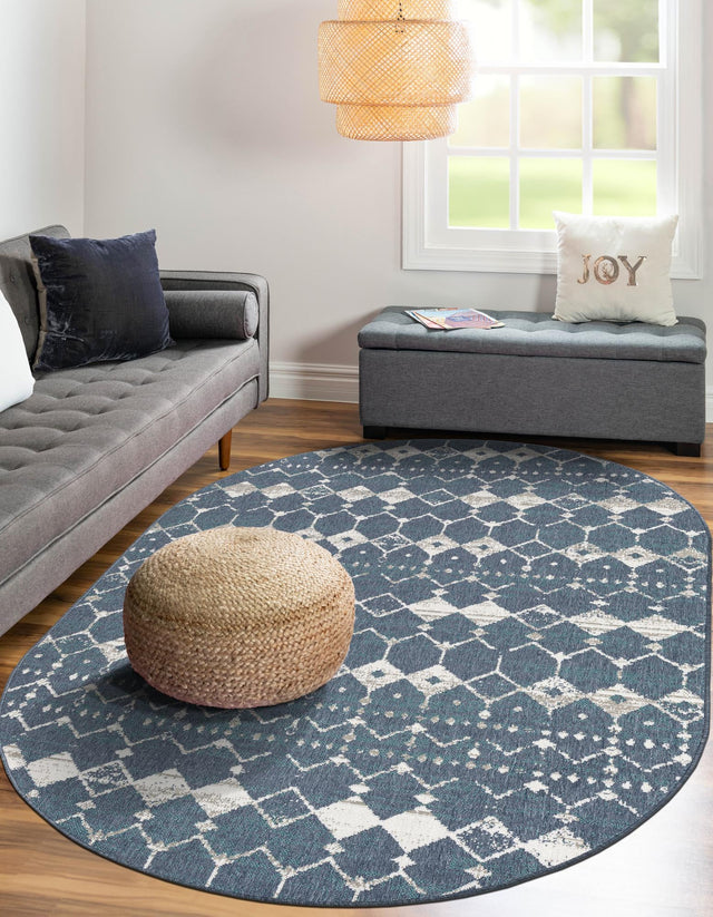 Navy Blue 7' 10 x 10' Outdoor Trellis Oval Area Rug Weather Resistant for Patio, Deck, Terrace, Balcony, Porch Geometric Design Water Safe Outside Carpet for Sale at Rug Engine